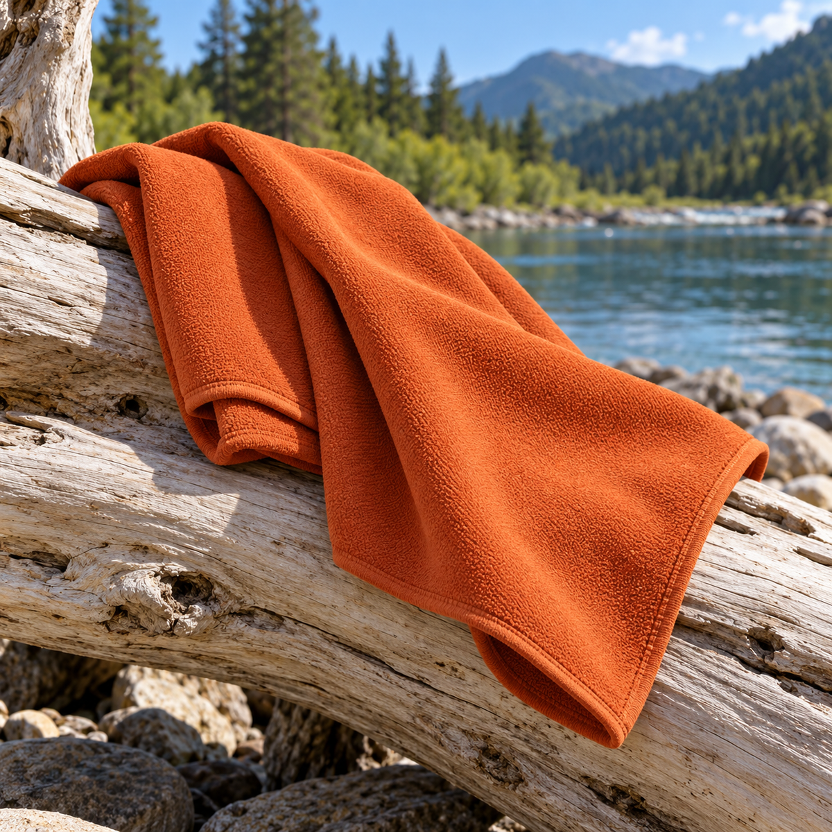 Orange River Day Travel Towel — AI-generated illustrative product scene