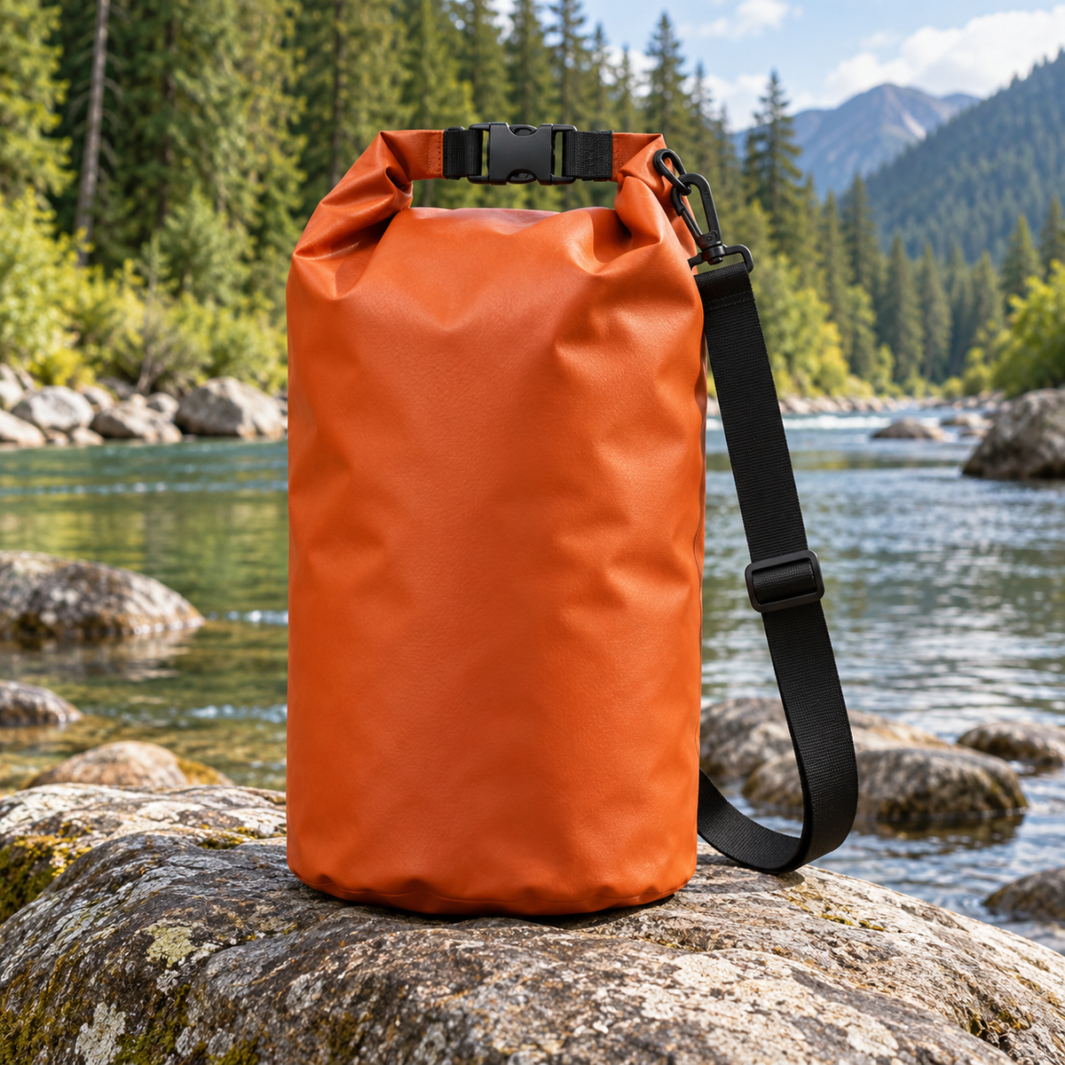 Riverbank Roll-Top Gear Bag — AI-generated illustrative product scene
